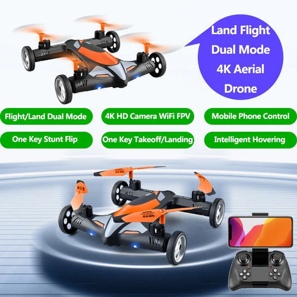 4K WiFi FPV Intelligent Hover RC Drone Air-Ground Flying Car Dron 2-in-1 Quadcopter with LED Night light Helicopter Toy Gifts