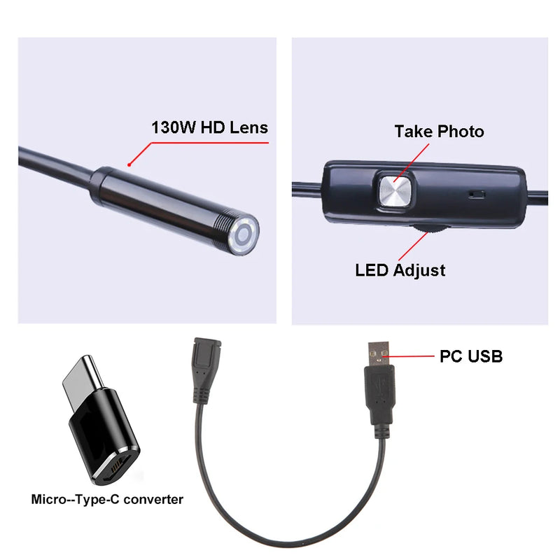 5.5 7mm 3 in 1 Endoscopic Camera for Mobile Phone Tpye-c Micro USB Borescope Mini Camera Piping Inspection Camera for Drain Pipe