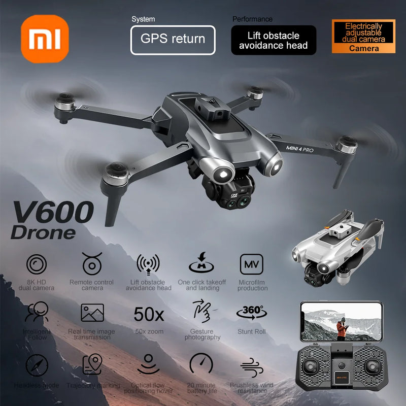 Xiaomi V600 Drone 8K Mini 4 Professional HD Dual Cameras Optical Flow Positioning Auto Avoidance WIFI UAV GPS Quadcopter 10000M