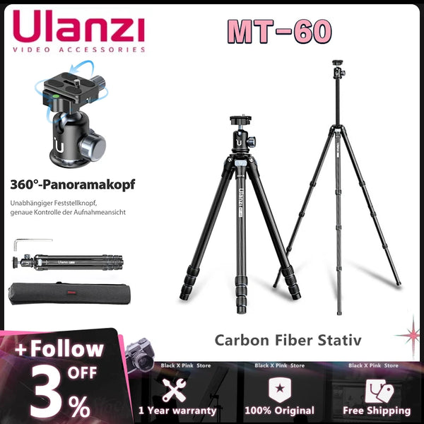 Ulanzi MT-60 Carbon Fiber Lightweight Travel Tripod Professional Outdoor DSLR Camera Tripod