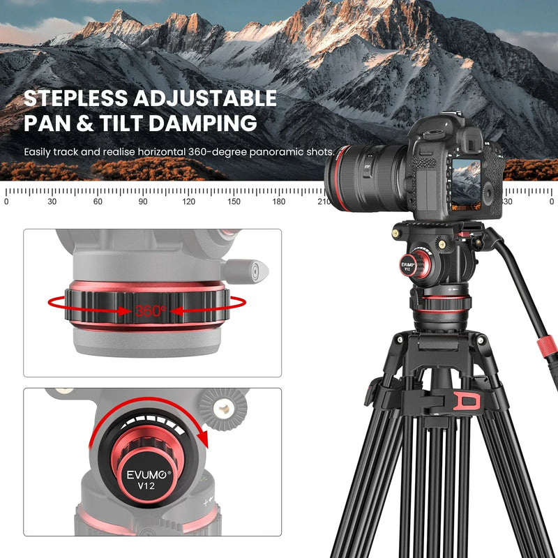 EVUMO DF6 Professional Video Tripod Stand 74'' Metal Heavy Duty Panorama Head 3Section Load 22lb/10kg for DSLR Camera Camcorder