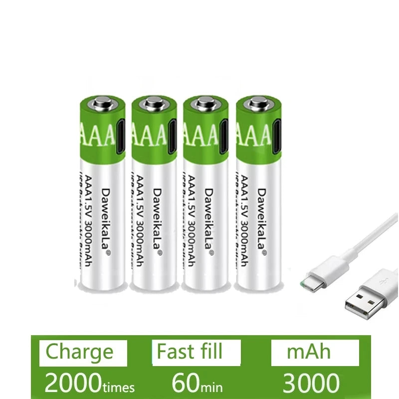 USB AAA Rechargeable Batteries 1.5V 3000mAh li-ion battery for remote control mouseElectric toy battery + Type-C Cable