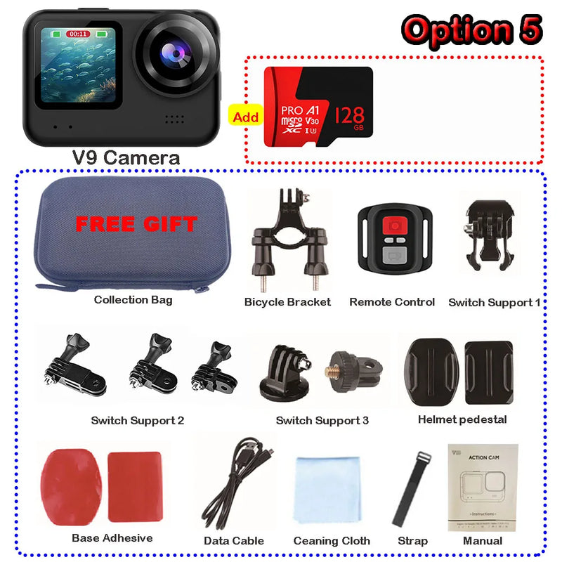 4K60FPS 20MP Action Camera 5M Body Waterproof EIS 170D DVR Sports Video Recording Dual Display 2" Touch Screen 1080P Webcam