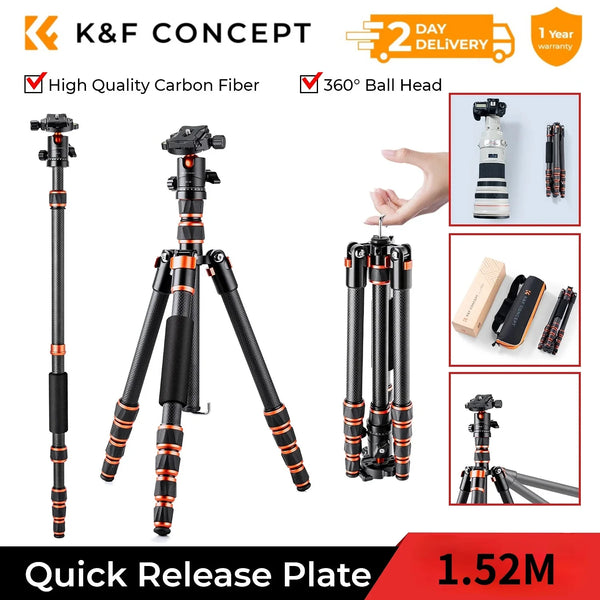 K&F Concept 60"/152cm Carbon Fiber Camera Tripod Lightweight Travel Tripod 8kg/17.6lbs with 360° Ball Head for Canon Sony Nikon