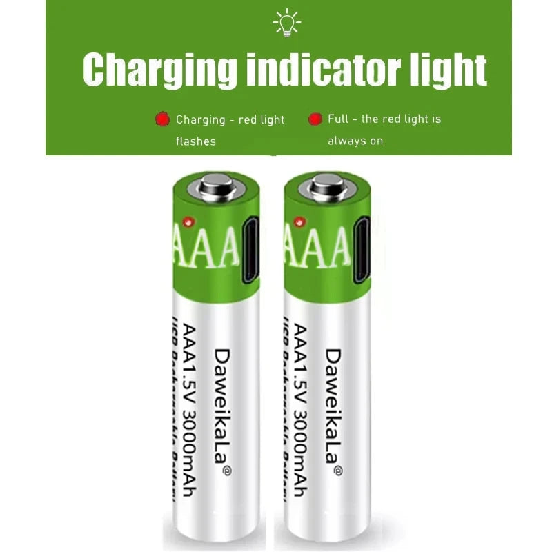 USB AAA Rechargeable Batteries 1.5V 3000mAh li-ion battery for remote control mouseElectric toy battery + Type-C Cable