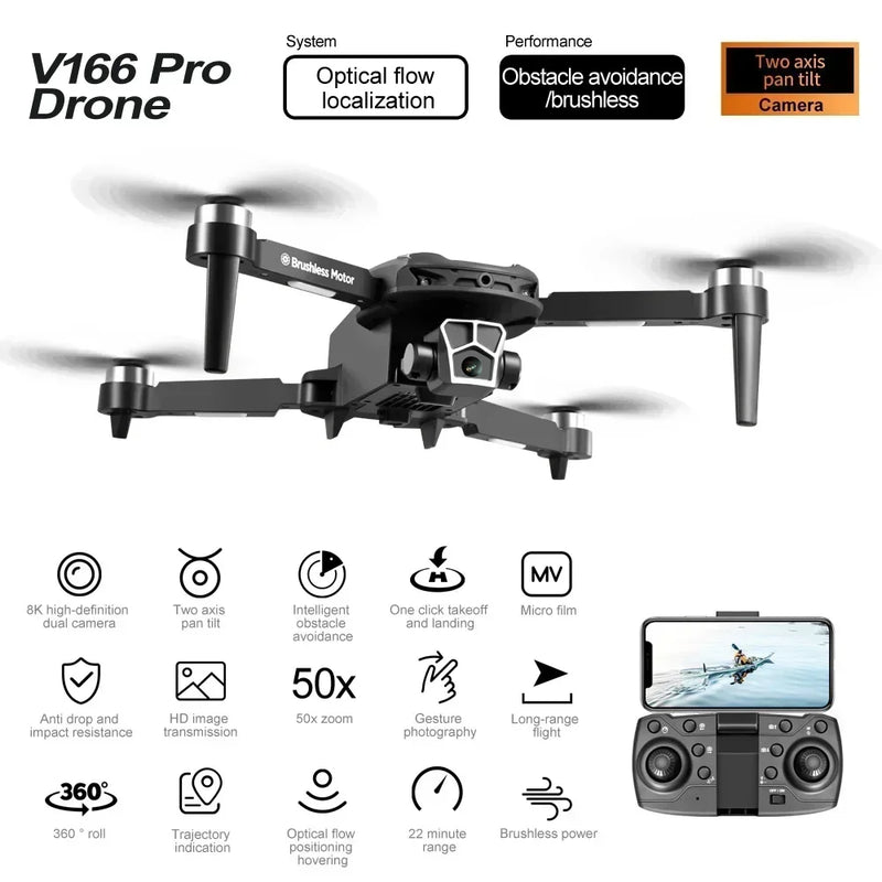 V166 Drone 8k Profesional HD Dual Camera Aerial Photography 360 Obstacle Avoidance Optical Flow WIFI Two-axis FPV Aircraft Dron