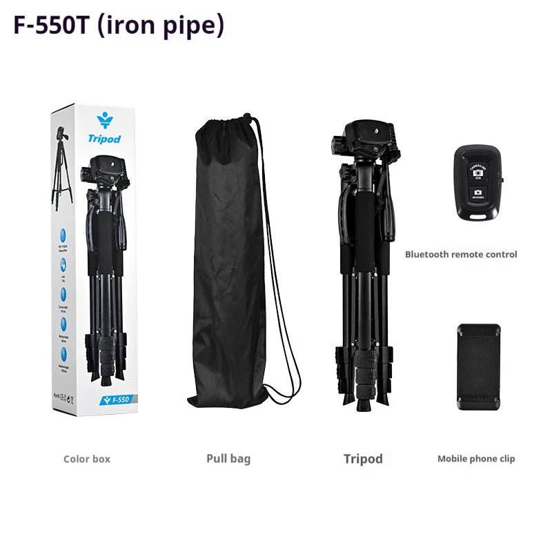 F550T Professional Tripe for Cell Phone Camera 180cm Tripod for Mobile Phone Tripod with Remote Light Night Fishing Light Stand