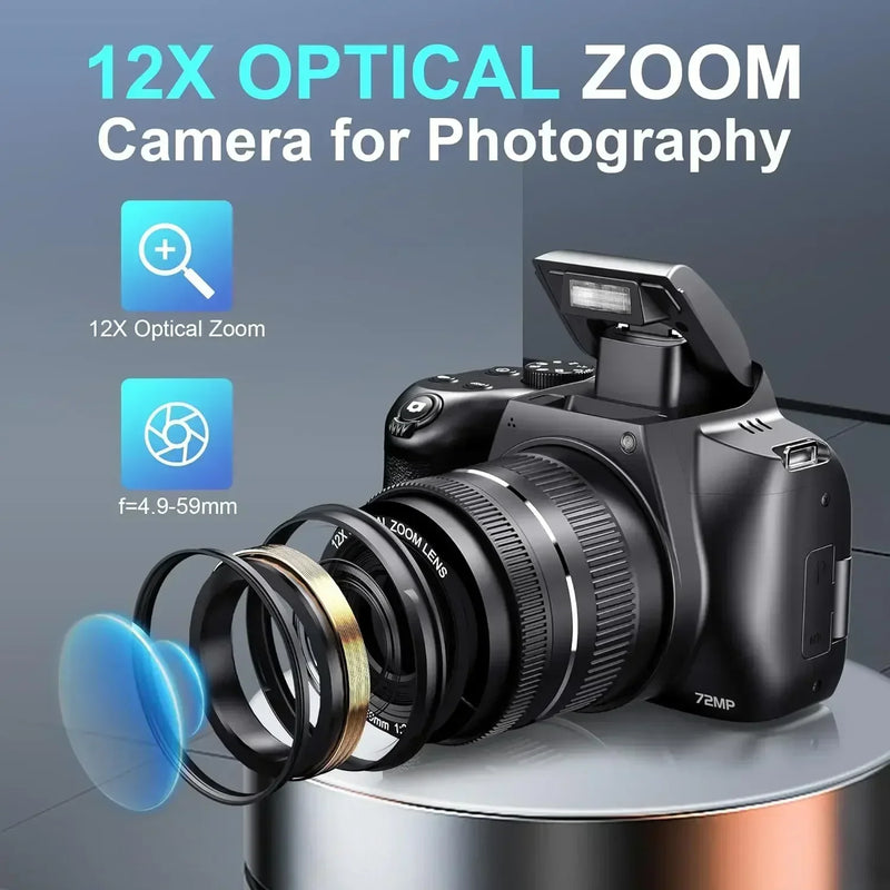 4K HD Digital Camera for Photography 12X Optical Zoom Vlogging Camera for YouTube 72MP WiFi Auto Focus Livestream Video Camera