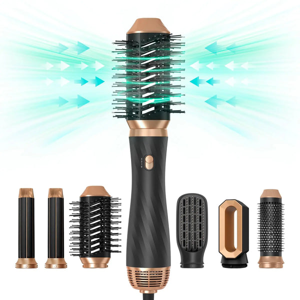 6 in One Blow Dryer Brush 60000RPM, Upgraded Hot Air Brush, Curling Wand Curling Iron Brush Blow Dryer with 3 Temp