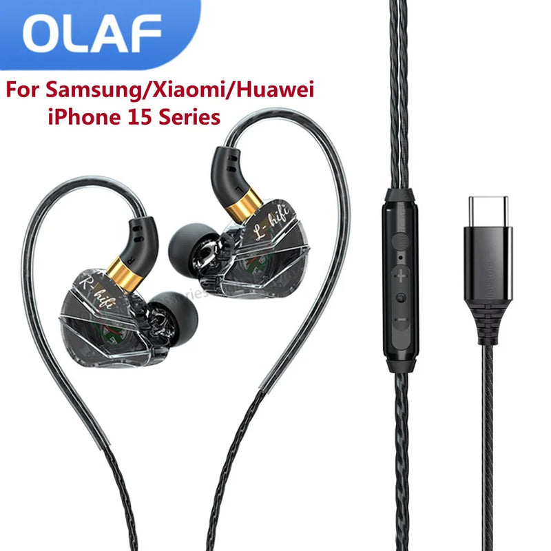 OLAF DAC Type C Earphones Wired Headset USB C Gamer Headphones Cable Handsfree Type-C Earbuds For iPhone 15 Samsung Xiaomi Phone