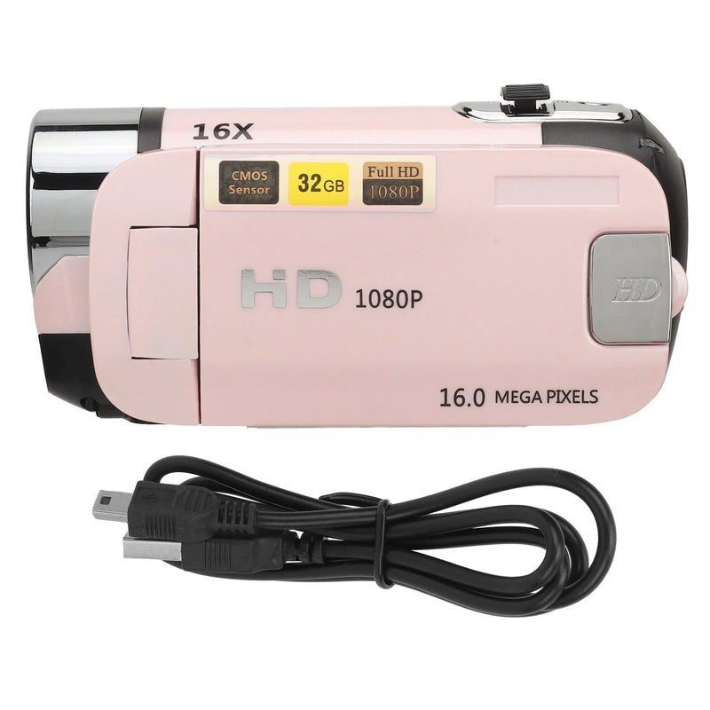 D90 1080P 16MP Digital Camera 2.4 Inch Rotatable Screen Camcorder 16X Zoom HD Video Recorder With Fill Light Pink