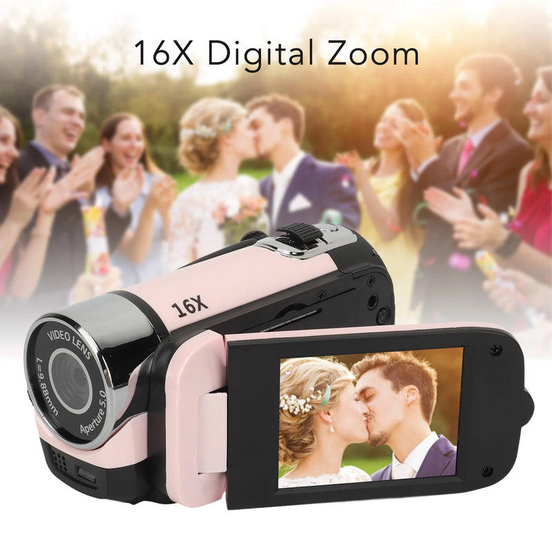 D90 1080P 16MP Digital Camera 2.4 Inch Rotatable Screen Camcorder 16X Zoom HD Video Recorder With Fill Light Pink