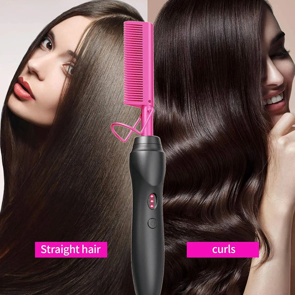 Pink Hot Comb Hair Straightener Ceramic Electric Pressing Comb Portable Curling And Straightening Anti-Scald Beard Straightener