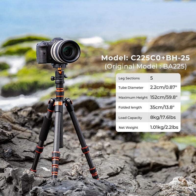 K&F Concept 60"/152cm Carbon Fiber Camera Tripod Lightweight Travel Tripod 8kg/17.6lbs with 360° Ball Head for Canon Sony Nikon