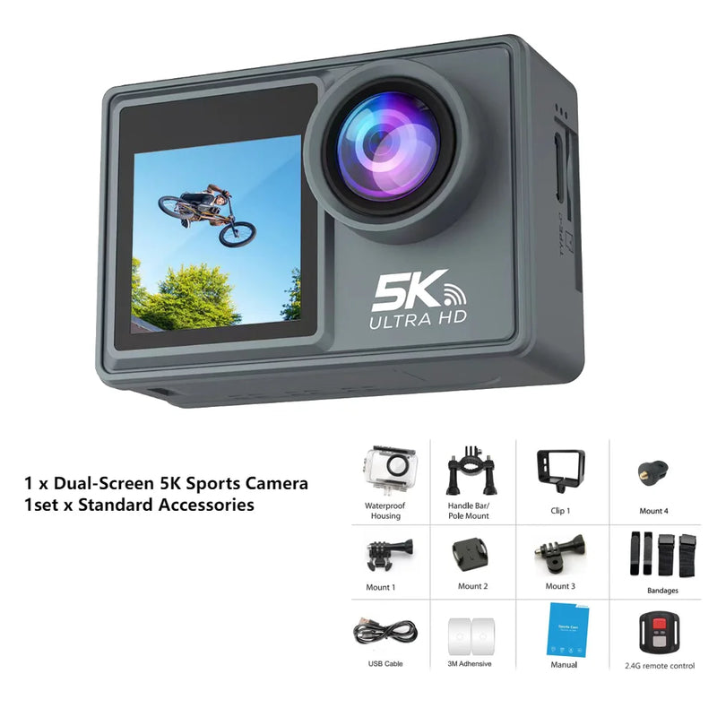 5K 4K 1080P Sport Camera Anti-shake WIFI Action Video Cam Dual Screen Outdoor Cycling Camera 30m Waterproof with Remote Control