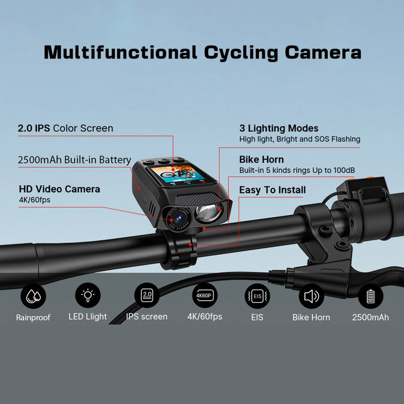 4K 60FPS Multifunctional Cycling Camera Rainproof 2.0 Inch IPS Screen WiFi Connection with LED flashlight Bike Horn for Cycling