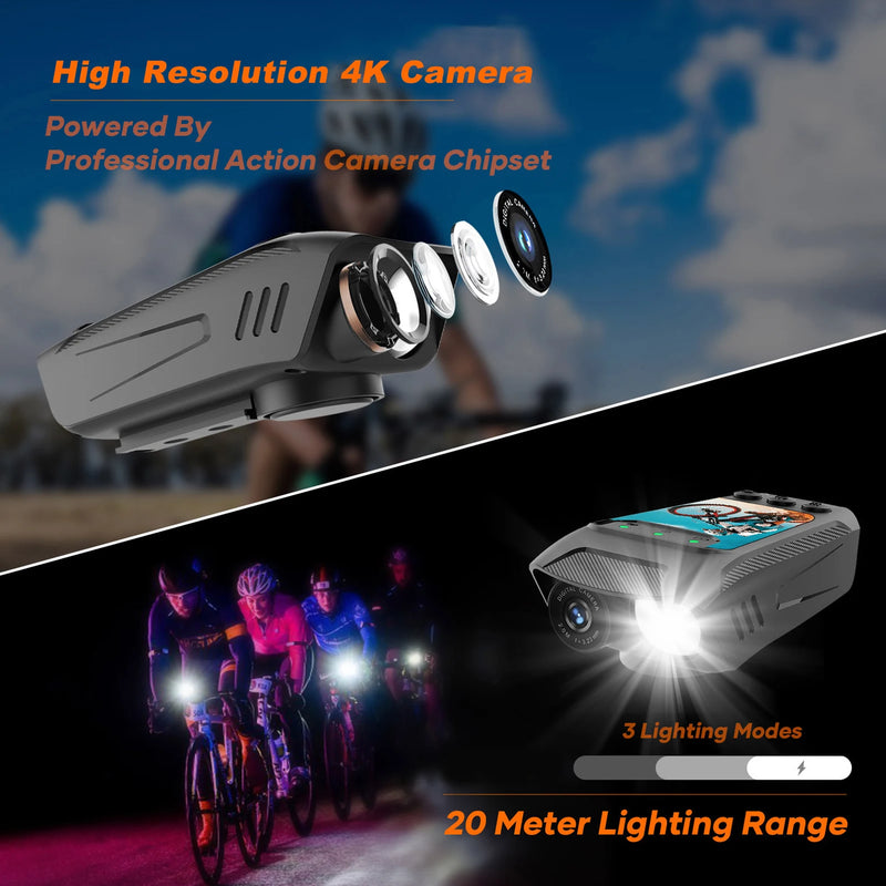 4K 60FPS Multifunctional Cycling Camera Rainproof 2.0 Inch IPS Screen WiFi Connection with LED flashlight Bike Horn for Cycling