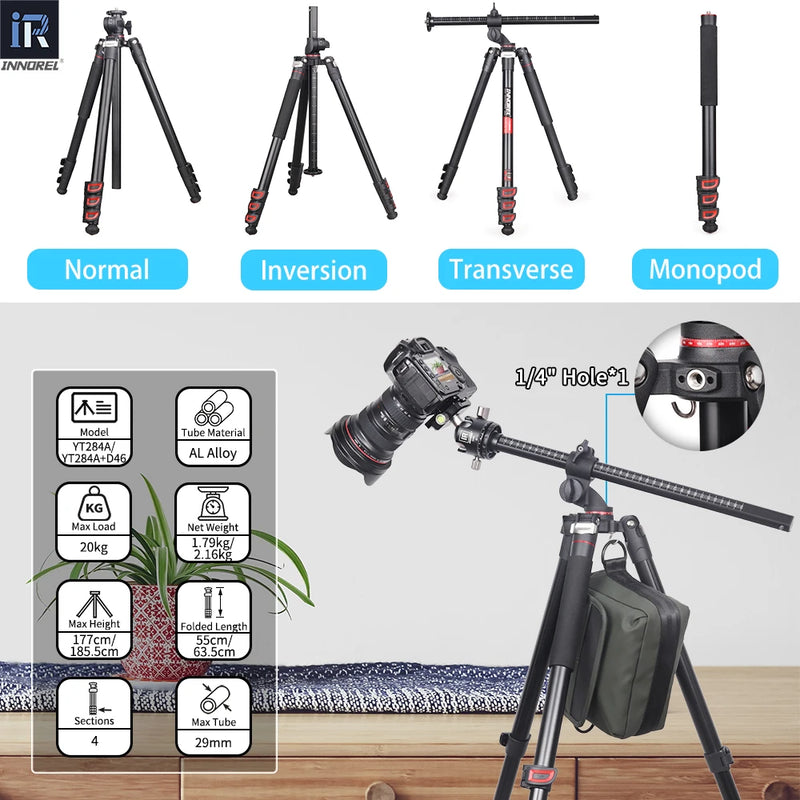 INNOREL YT284A Professional Aluminium Alloy Camera Tripod Horizontal Stand for DSLR Video Camcorder with Center Column Load 20kg