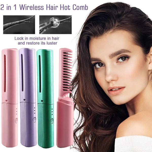 2In1 Wireless Hair Hot Comb Mini Usb Charging Straightener Portable Care Negative Ion Fast Hair Hair Styling Heating Tools C9W4