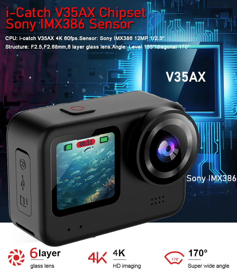 4K60FPS 20MP Action Camera 5M Body Waterproof EIS 170D DVR Sports Video Recording Dual Display 2" Touch Screen 1080P Webcam