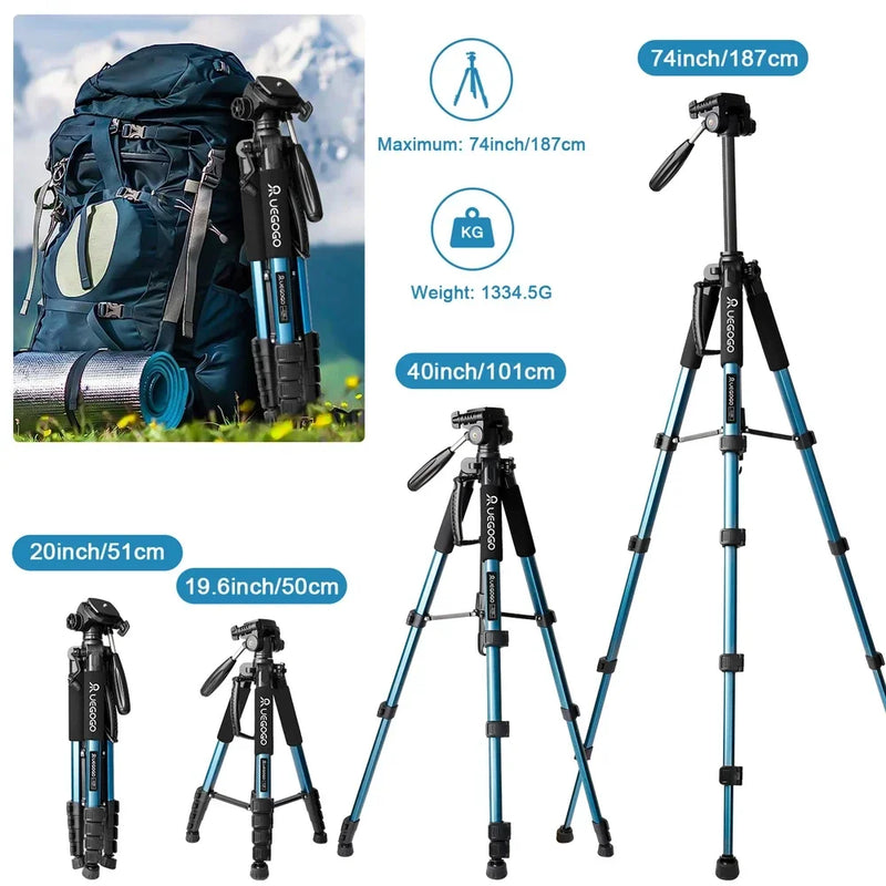 UEGOGO Q188 187cm zomei Tall Aluminum Alloy Portable Tripod for Camera DSLR Canon , 360 Degree Panorama Photography Phone Stand