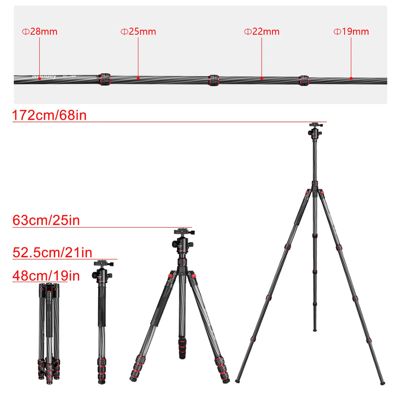 Mobile Camera Tripod Professional Carbon Fiber  Stand for Canon Nikon DSLR  Travel horizontal photography Max load 8KG 28mm Tube