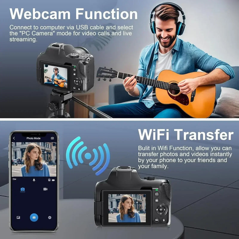 4K HD Digital Camera for Photography 12X Optical Zoom Vlogging Camera for YouTube 72MP WiFi Auto Focus Livestream Video Camera