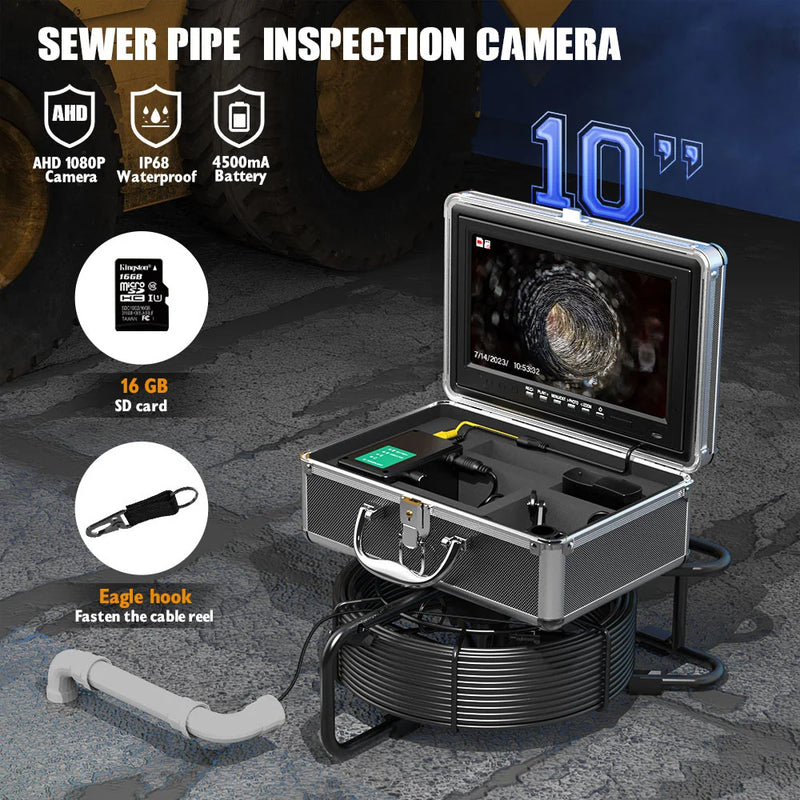 10" IPS Pipe Sewer Drain Inspection Camera 20M 30M 50M 512hz Transmitter AHD 1080P Screen Video+Audio Recording 5X Image Enlarge