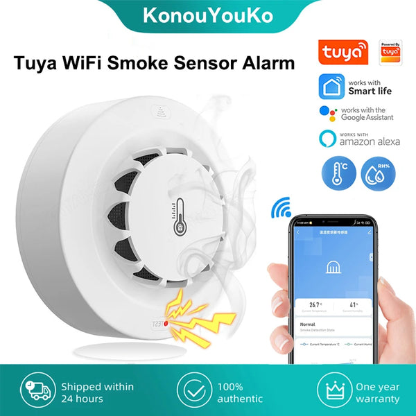 Tuya Wifi Smoke Sensor Alarm 80DB Smart Fire Temperature And Humidity Detector Security Protection Alexa Google Home Smart Life