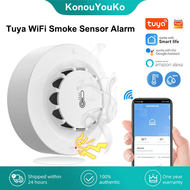 Tuya Wifi Smoke Sensor Alarm 80DB Smart Fire Temperature And Humidity Detector Security Protection Alexa Google Home Smart Life