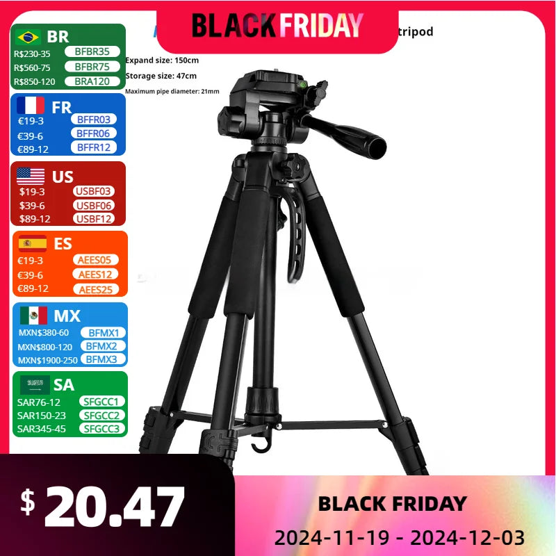 F550T Professional Tripe for Cell Phone Camera 180cm Tripod for Mobile Phone Tripod with Remote Light Night Fishing Light Stand