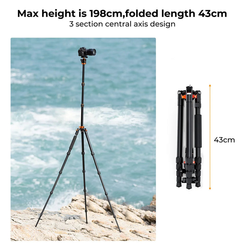 K&F Concept 78 inch/198cm Camera Tripod 3-section Central Axis Travel Tripod with 32mm Metal Ball Head Load Capacity 12KG