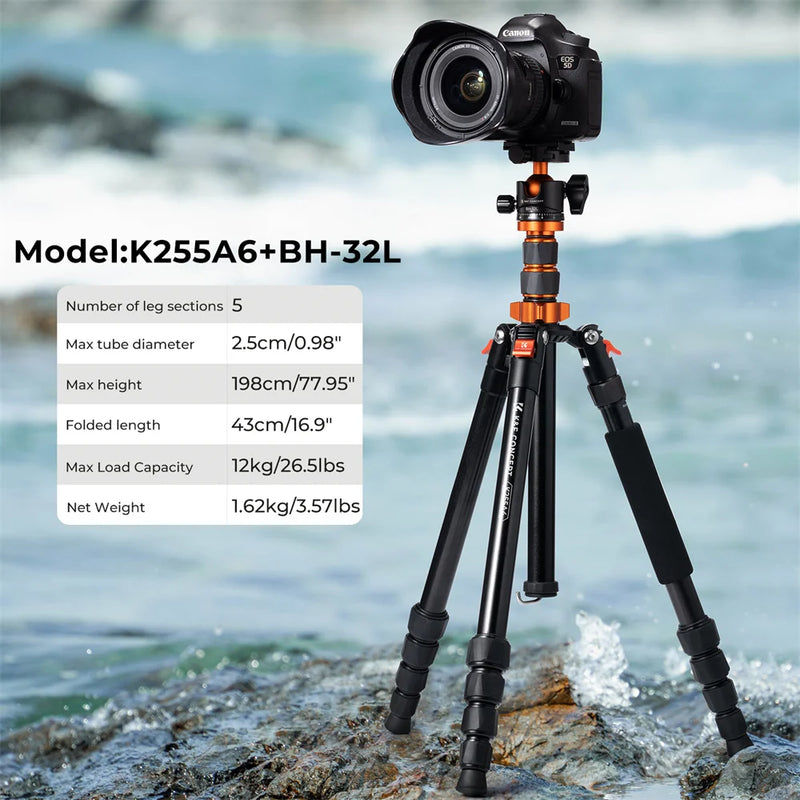 K&F Concept 78 inch/198cm Camera Tripod 3-section Central Axis Travel Tripod with 32mm Metal Ball Head Load Capacity 12KG