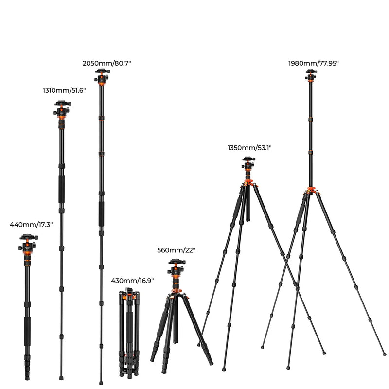 K&F Concept 78 inch/198cm Camera Tripod 3-section Central Axis Travel Tripod with 32mm Metal Ball Head Load Capacity 12KG