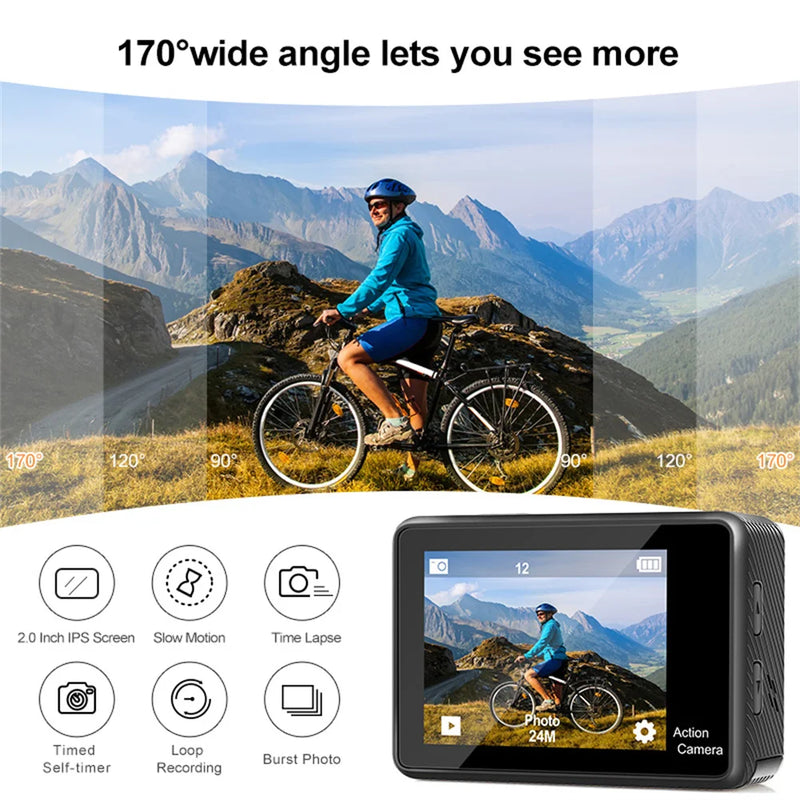 Q60AR Camera 4K 30FPS 24MP WiFi Action Camera 170° Wide Angle Waterproof Camera Dual Screen Display For Outdoor Sports Diving