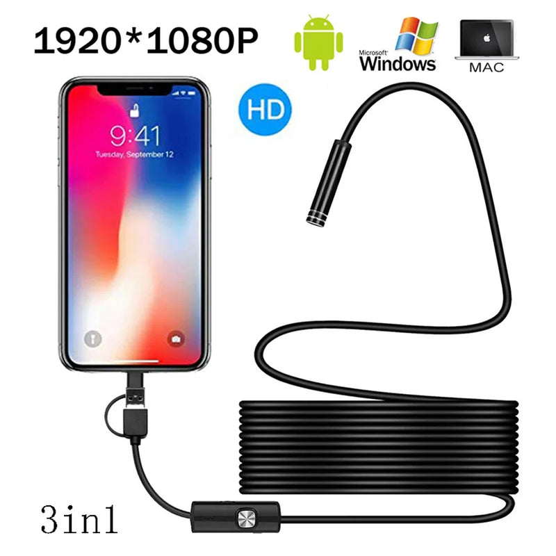 1080P HD Camera USB Android Endoscope Waterproof IP67 Tube Inspection Endoscope Snake Cable 8mm Lens Borescope 8 Leds Light