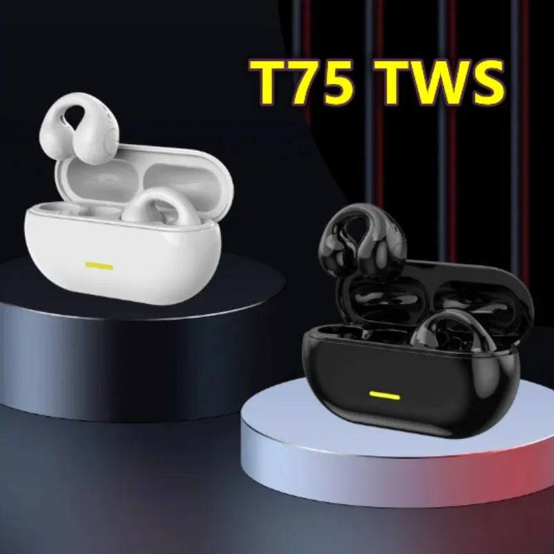 NEW Bluetooth 5.3 Wireless Bone Conduction Headphones T75 Clip Ear Music Noise Canceling Headset HD Call Sports Gaming Earphone