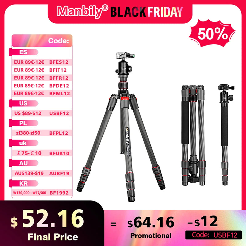 Mobile Camera Tripod Professional Carbon Fiber  Stand for Canon Nikon DSLR  Travel horizontal photography Max load 8KG 28mm Tube