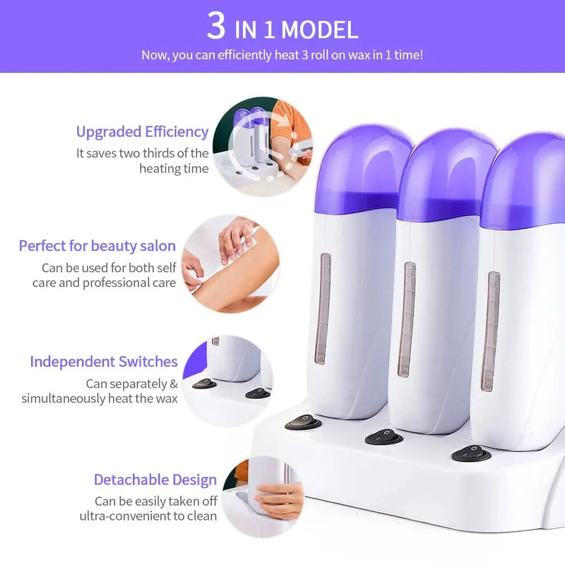 3PCS Base Electric Wax Heater Set Depilatory Heater Hair Removal Waxing Machine Waxing Warmer Roll on Wax Heater Roller Epilator