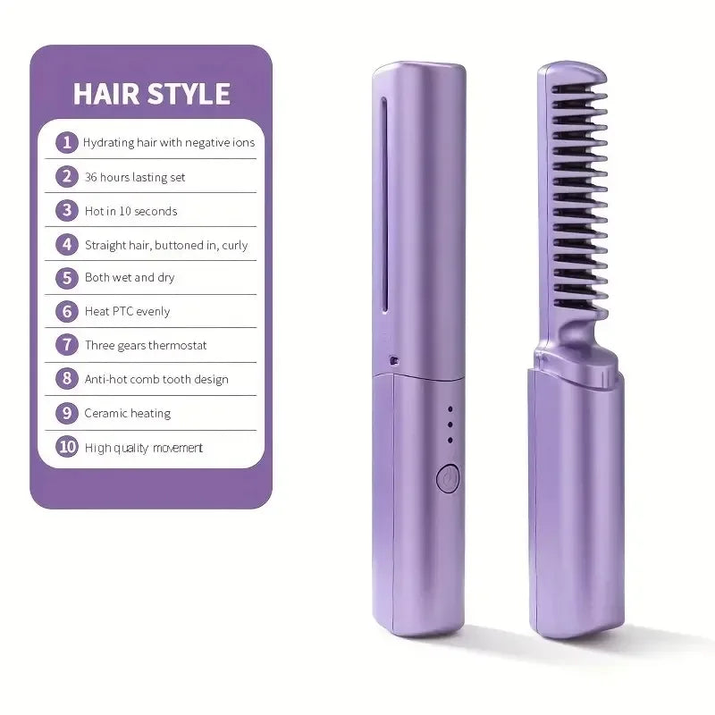 Portable Wireless Electric Hair Brushes Heating Straight Curly Negative Ion Hot Straightener Comb USB Charge Home Travel Women