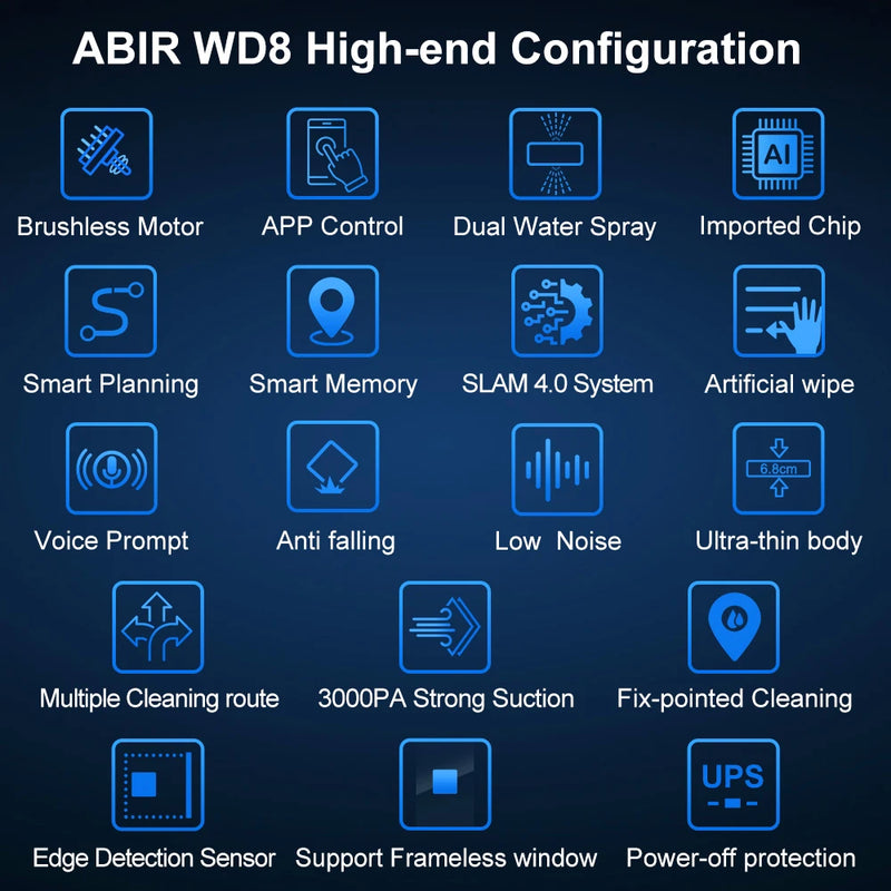 ABIR WD8 Robot Window Vacuum Cleaner,Dual Water Spray,Laser Sensor,Smart Home Glass Wall Wet Dry Cleaning ,APP&Remote Control