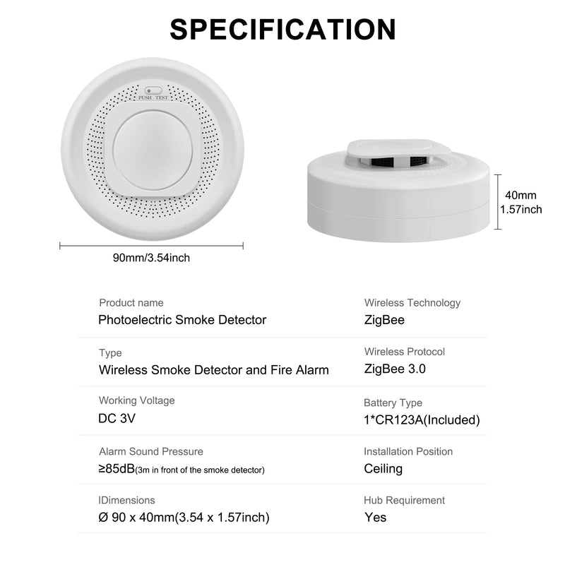 Kemek Tuya ZigBee Smoke Detector Wireless Smart Fire Alarm Sensor Supports APP Instant Notification 85 dB Alarm Battery Powered