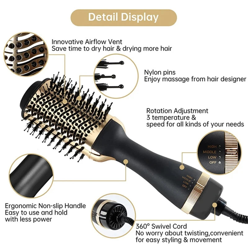 2024 Upgraded Gold Hot Air Comb Wet & Dry Rolling Straight Multi-Purpose Ladies Comb Drying Styling Comb Durable & Portable