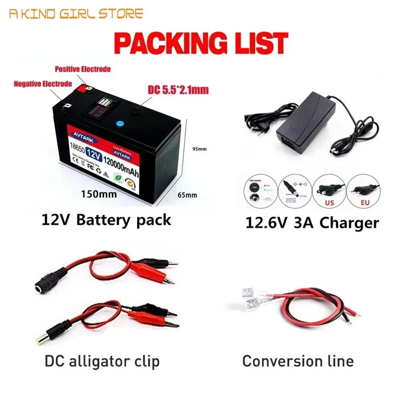 12v 12000mAh18650 rechargeable battery pack DC 12.6V 120Ah battery for solar energy electric vehicle battery+12.6v3A charger