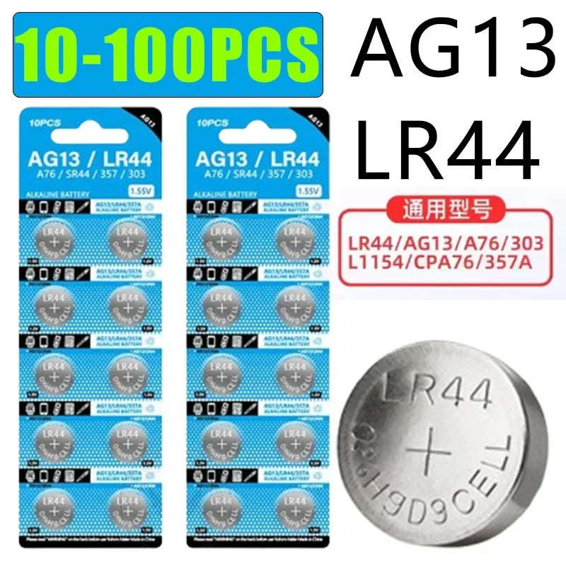 100~10pcs 1.55V AG13 LR44 L1154 RW82 SR1154 SP76 pila SR44 Button Batteries A76 LR1154 GP7 Cell Coin Watch Toys Remote Battery