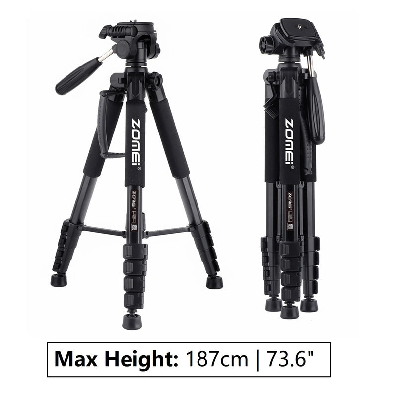 360°Rotatable Aluminum Portable Tripod Stand for Professional DSLR CameraMobile Phone, 187cm/73.6in Tall,Load up to 5kg/11lbs