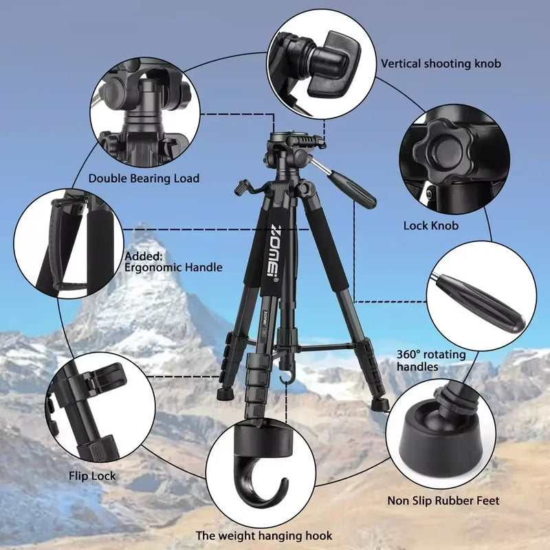 360°Rotatable Aluminum Portable Tripod Stand for Professional DSLR CameraMobile Phone, 187cm/73.6in Tall,Load up to 5kg/11lbs