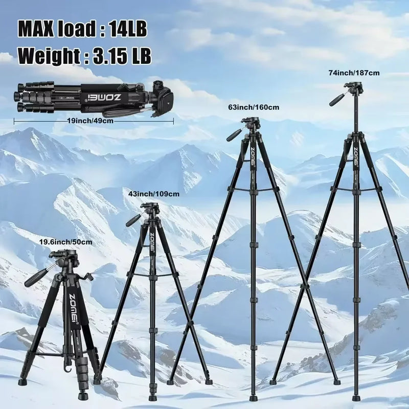 360°Rotatable Aluminum Portable Tripod Stand for Professional DSLR CameraMobile Phone, 187cm/73.6in Tall,Load up to 5kg/11lbs