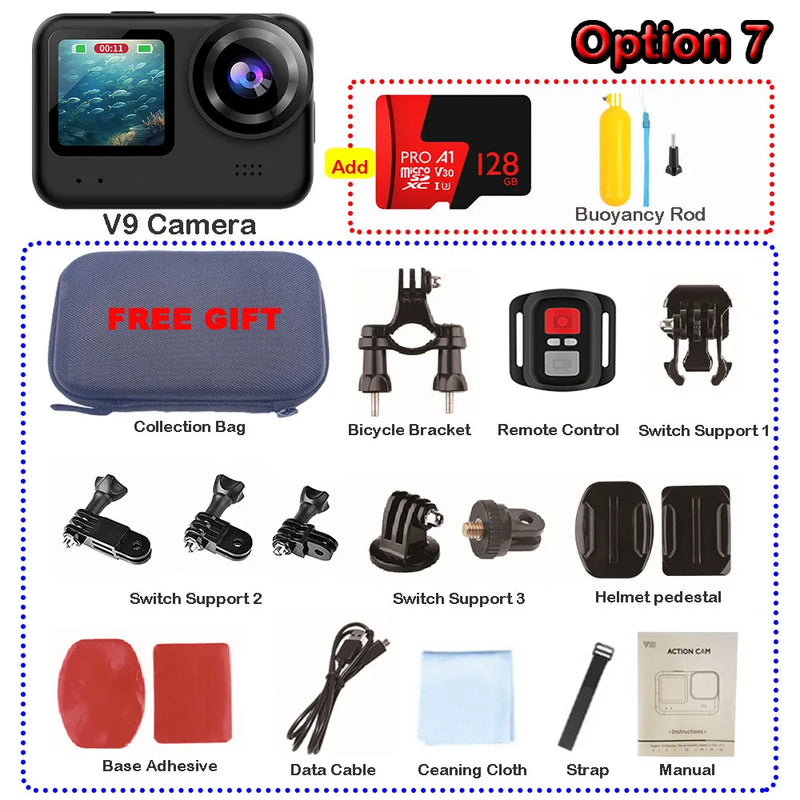 4K60FPS 20MP Action Camera 5M Body Waterproof EIS 170D DVR Sports Video Recording Dual Display 2" Touch Screen 1080P Webcam