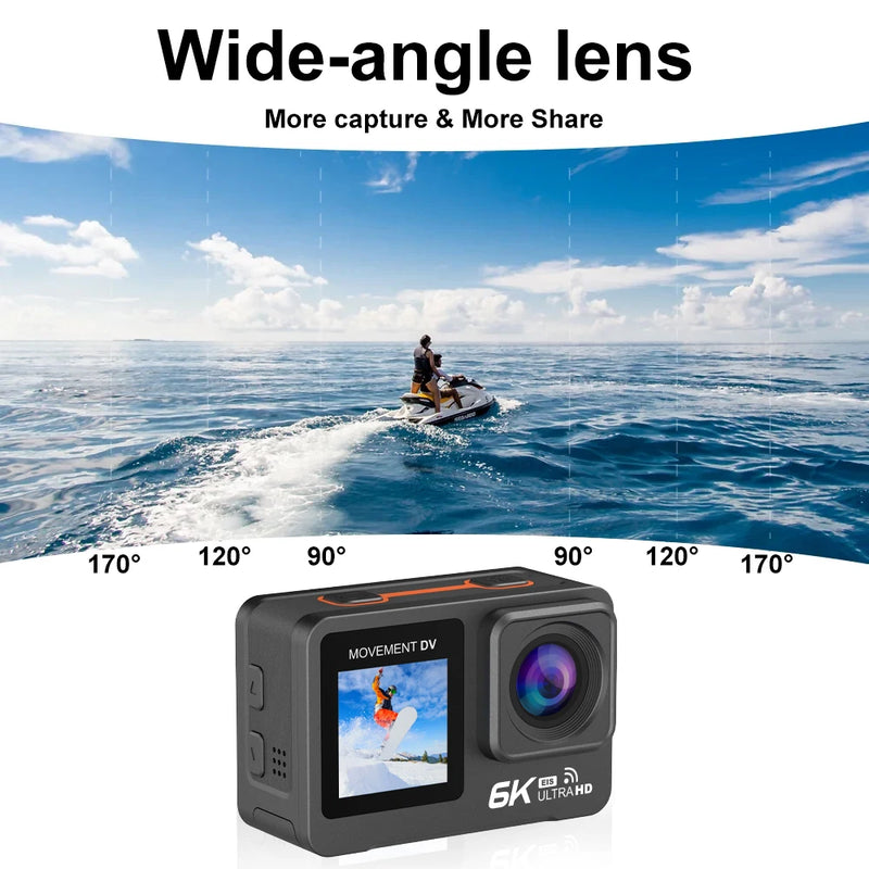 Action Camera 6K 4K 60FPS EIS Wi-Fi Dual Screen 170D 2.0 Inch  50M Waterproof Sport Camera With Remote Go Control Proo